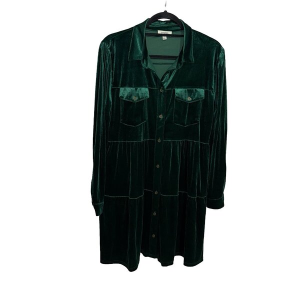 Umgee Royal Green Velour/Velvet Long Sleeve Button Down Collared Dress Sz M - Picture 1 of 10